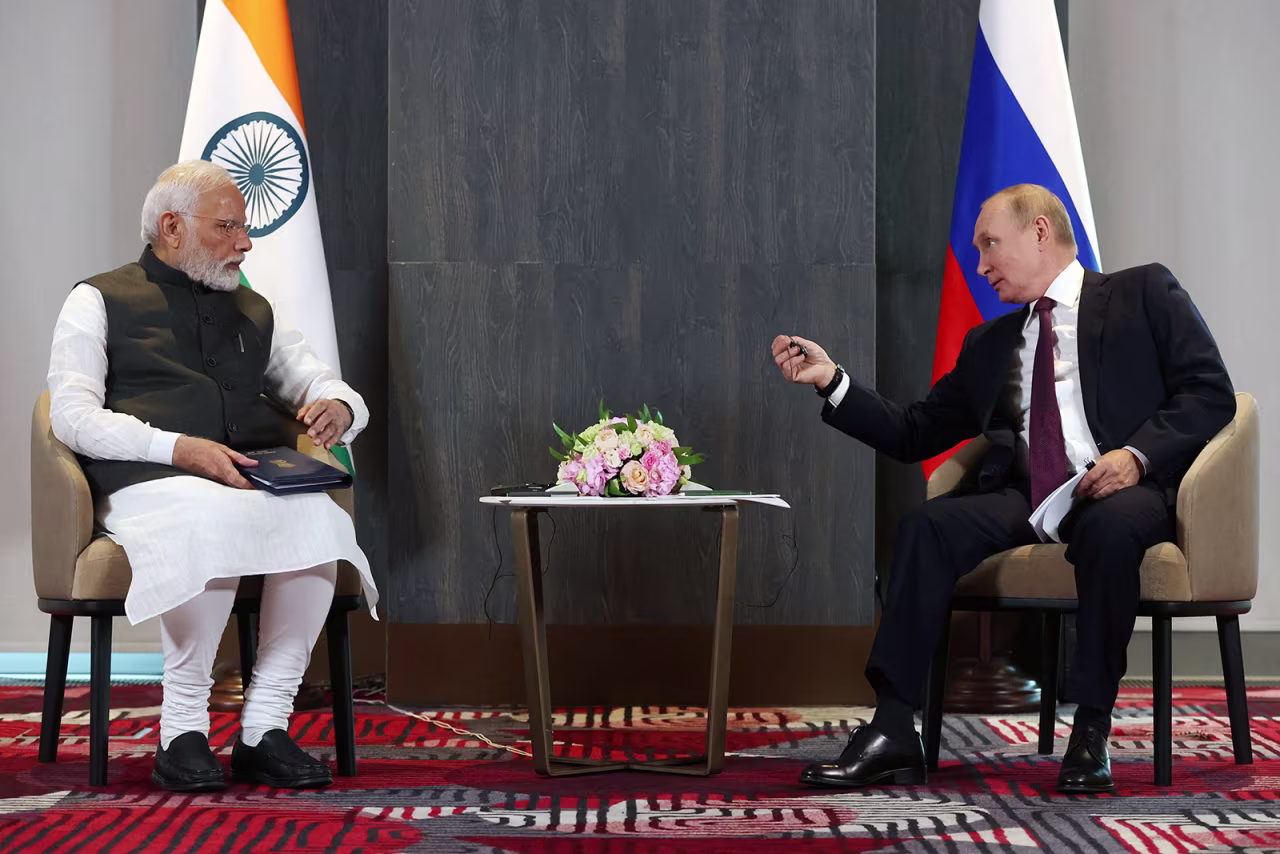 Russian President Vladimir Putin and India's Prime Minister Narendra Modi attend a meeting on the sidelines of the Shanghai Cooperation Organisation (SCO) leaders' summit in Samarkand on Friday.