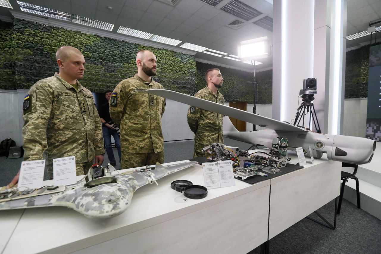 Parts of UAVs used by the Russian military are displayed during a media briefing by the Security and Defense Forces of Ukraine in Kyiv on December 15.
