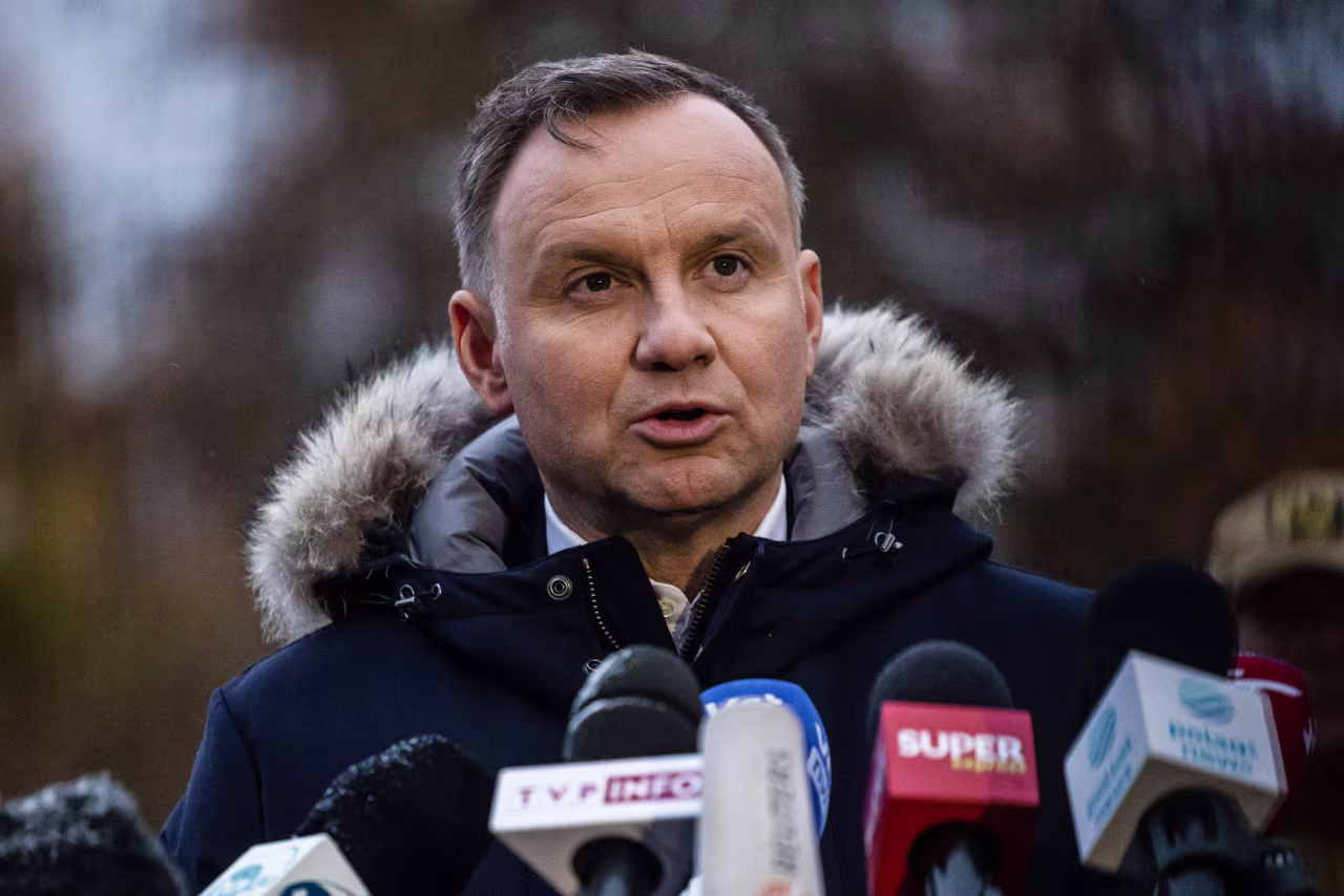 Polish President Andrzej Duda speaks to media on November 17, in the eastern village of Przewodow, Poland, where a missile strike killed two men, near the border with Ukraine.