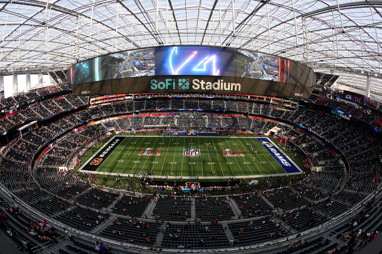 The SoFi Stadium begins to fill up with fans before Super Bowl LVI between the Cincinnati Bengals and the Los Angeles Rams on February 13, in Inglewood, California.