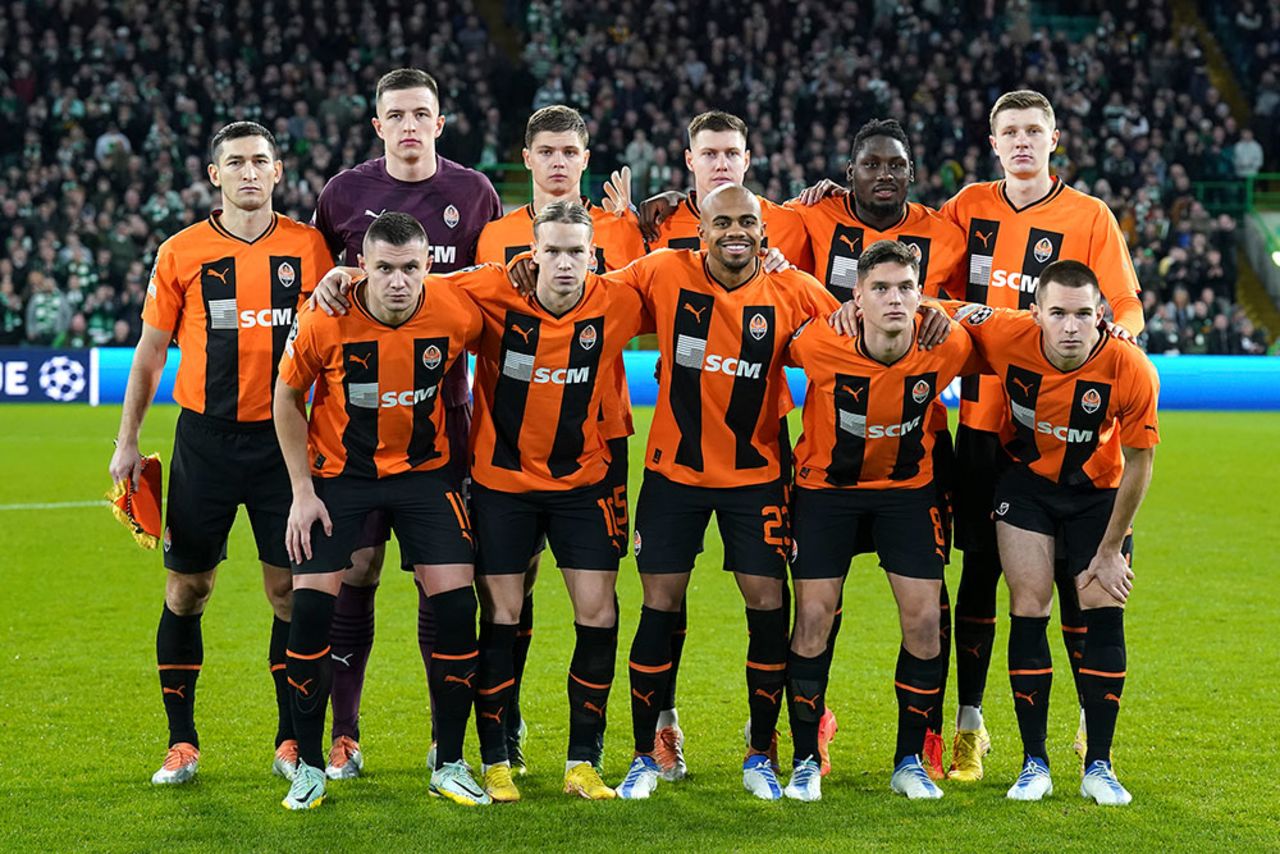 The Shakhtar Donetsk players line up before the UEFA Champions League group F match at Celtic Park, Glasgow, on October 25, 2022. 