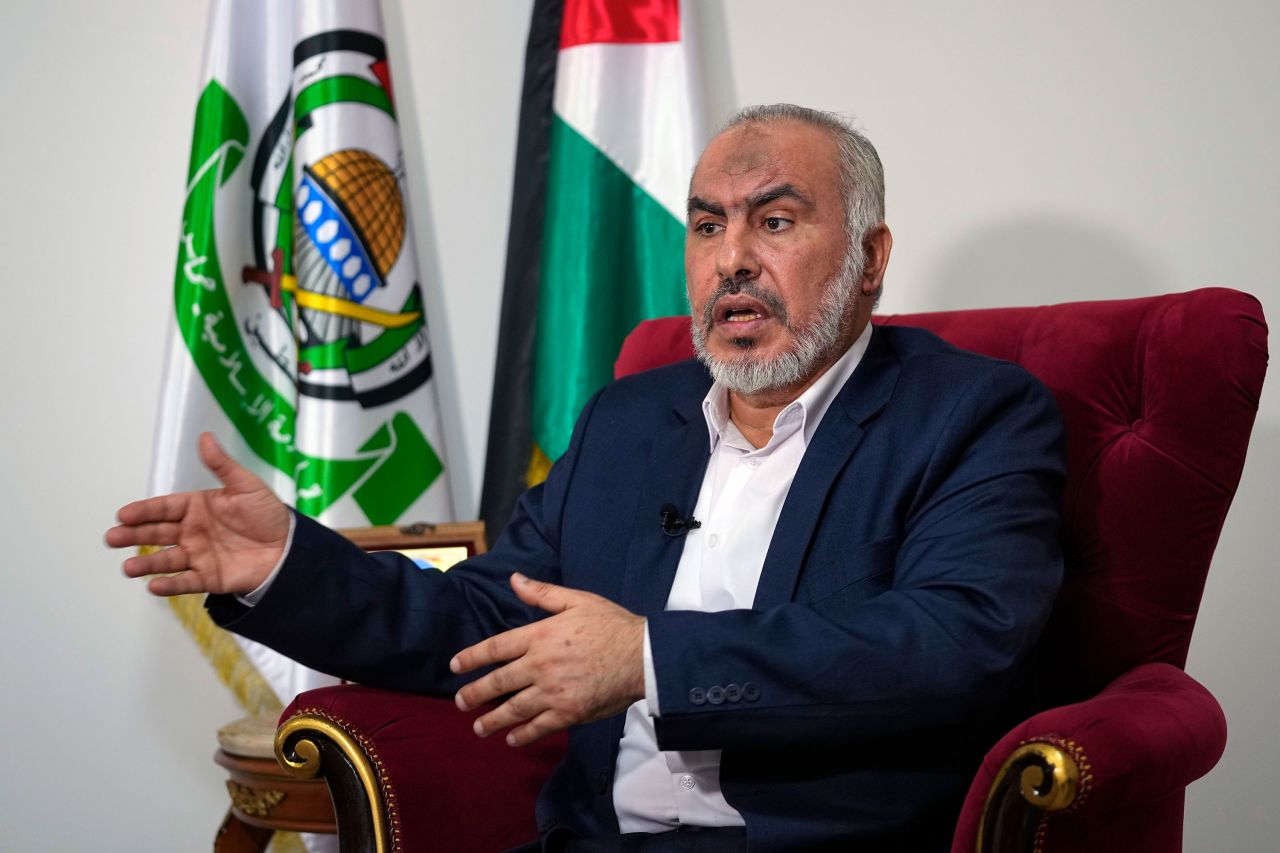 Ghazi Hamad, a senior Hamas official, speaks during an interview with the Associated Press in Beirut on October 26. 