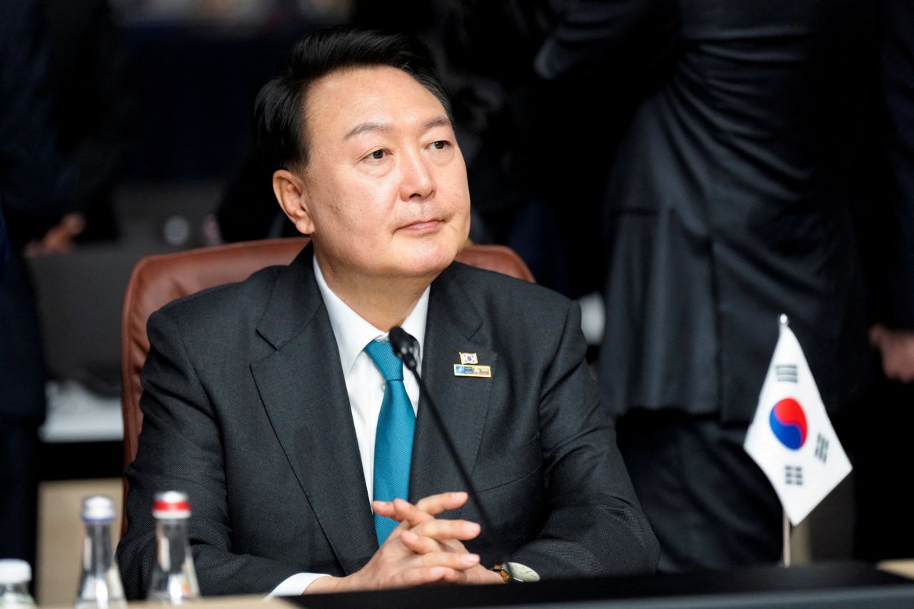 Yoon?Suk?Yeol, President of South Korea, attends a meeting of the North Atlantic Council during a NATO leaders summit in Vilnius, Lithuania, on July 12, 2023.