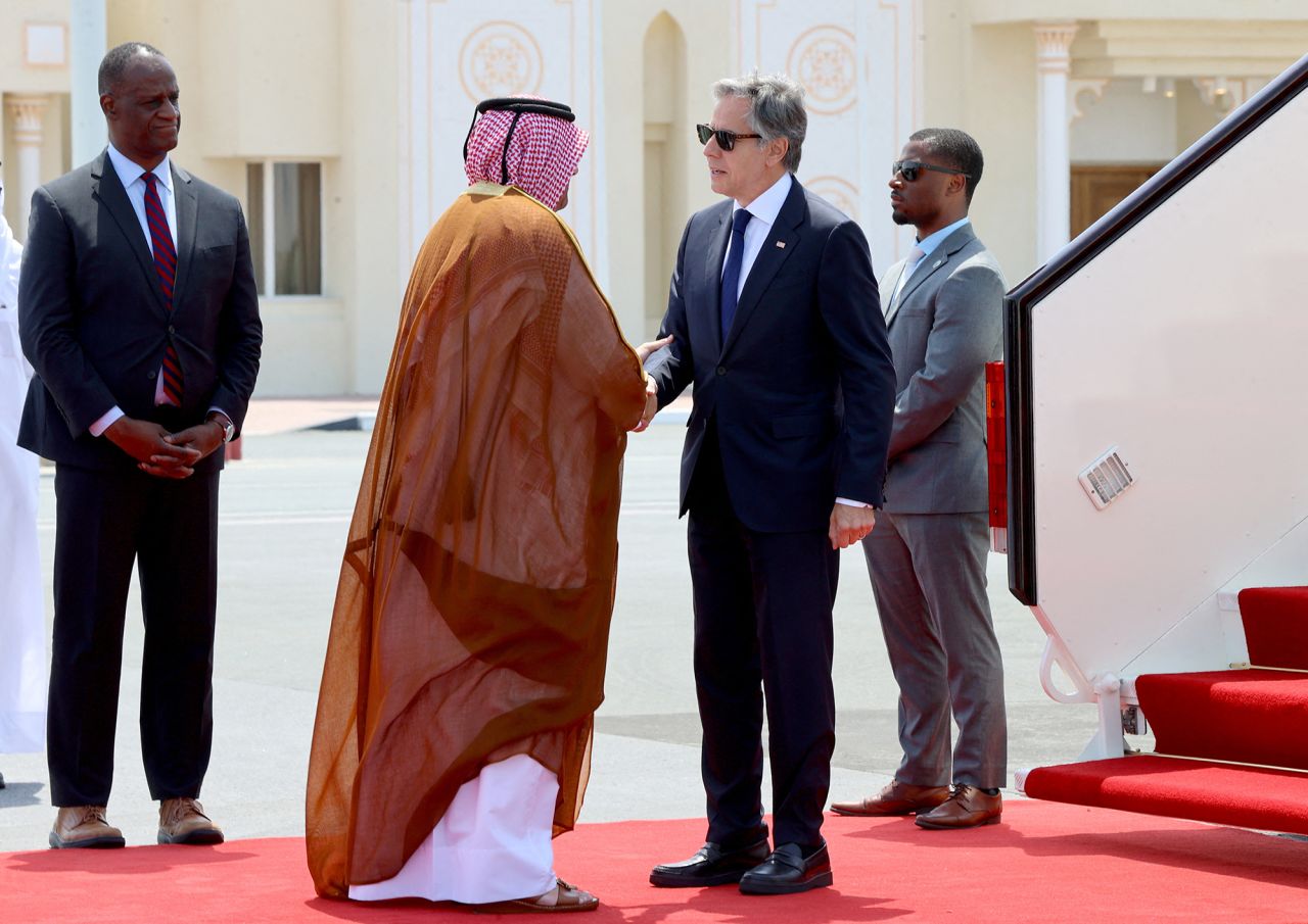 U.S. Secretary of State Antony Blinken arrives at Doha, Qatar, on June 12.