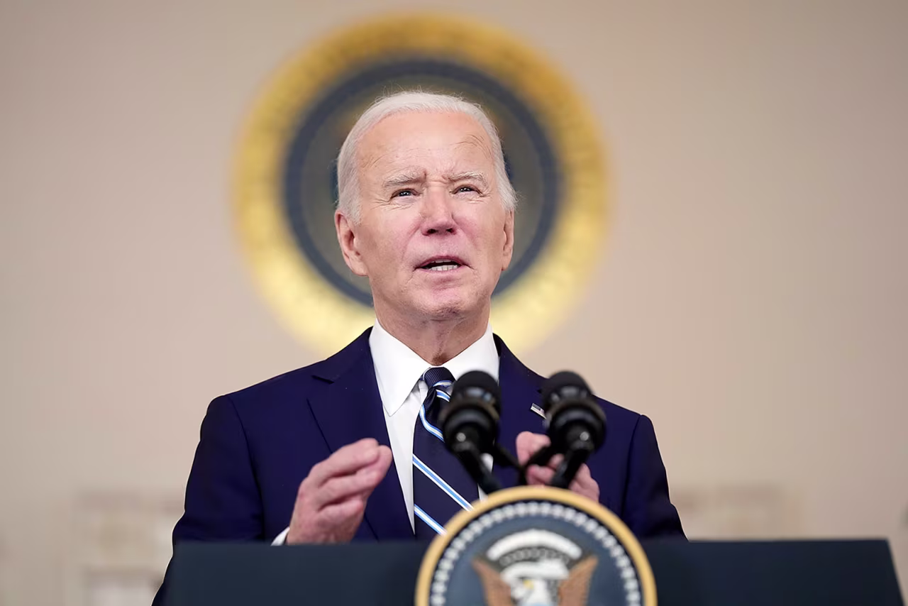 President Joe Biden speaks after meeting with Jordan's King Abdullah II in the Cross Hall of the White House, on Monday, February 12.