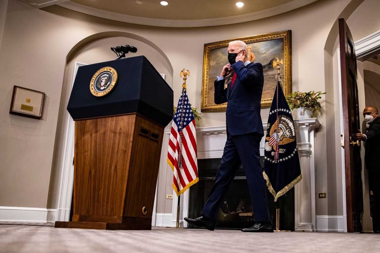 President Biden arrives at the Roosevelt Room of the White House to address the nation about the Covid relief bill on February 27.