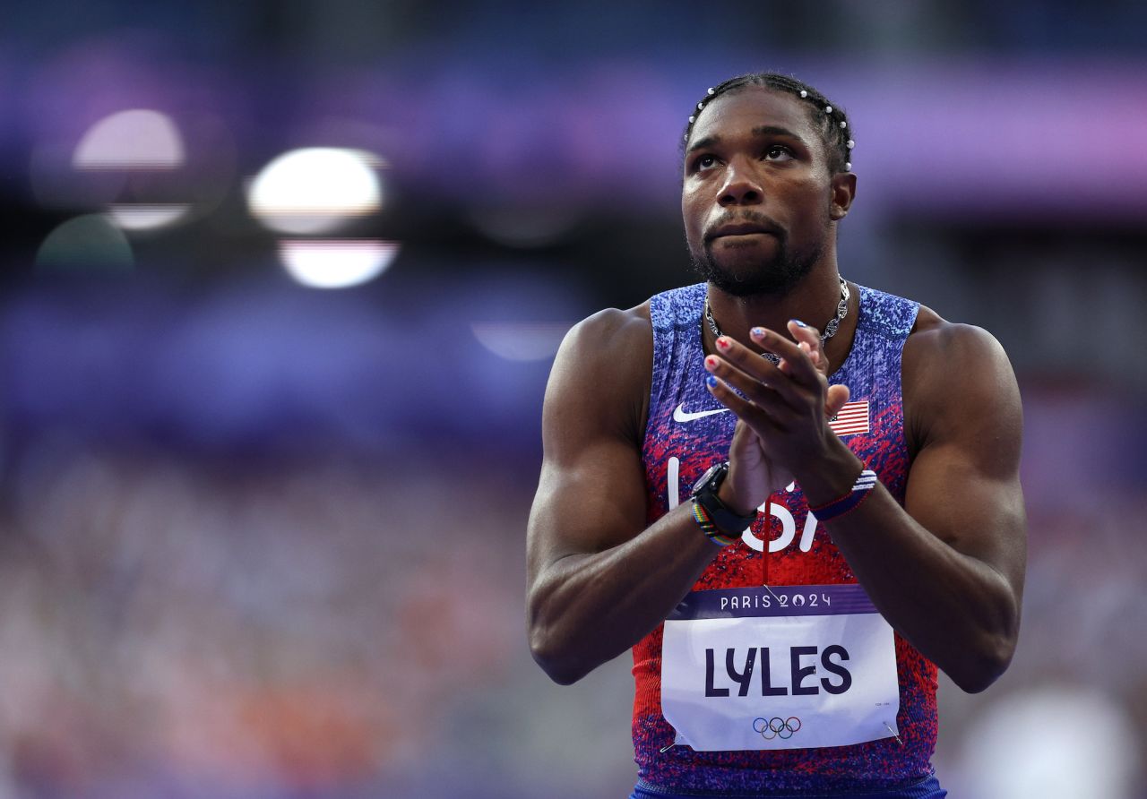 Noah Lyles looks on before competing in the Men's 200m Final at Stade de France on Thursday.