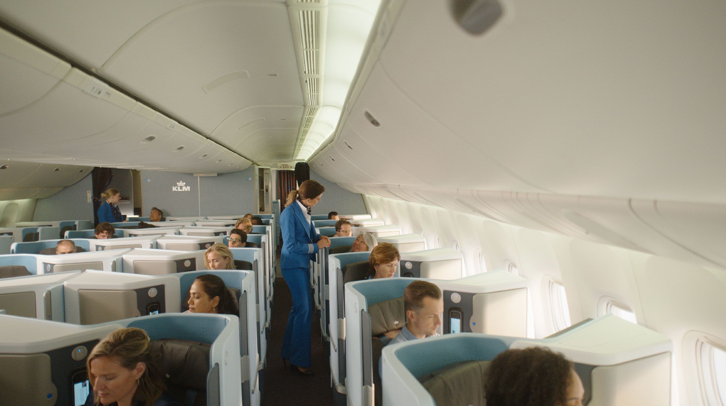 KLM's new business class seats are 10% to 15% lighter than other similar business class seats, the airline says. The seats have adjustable lower-back support and a back-massage feature.