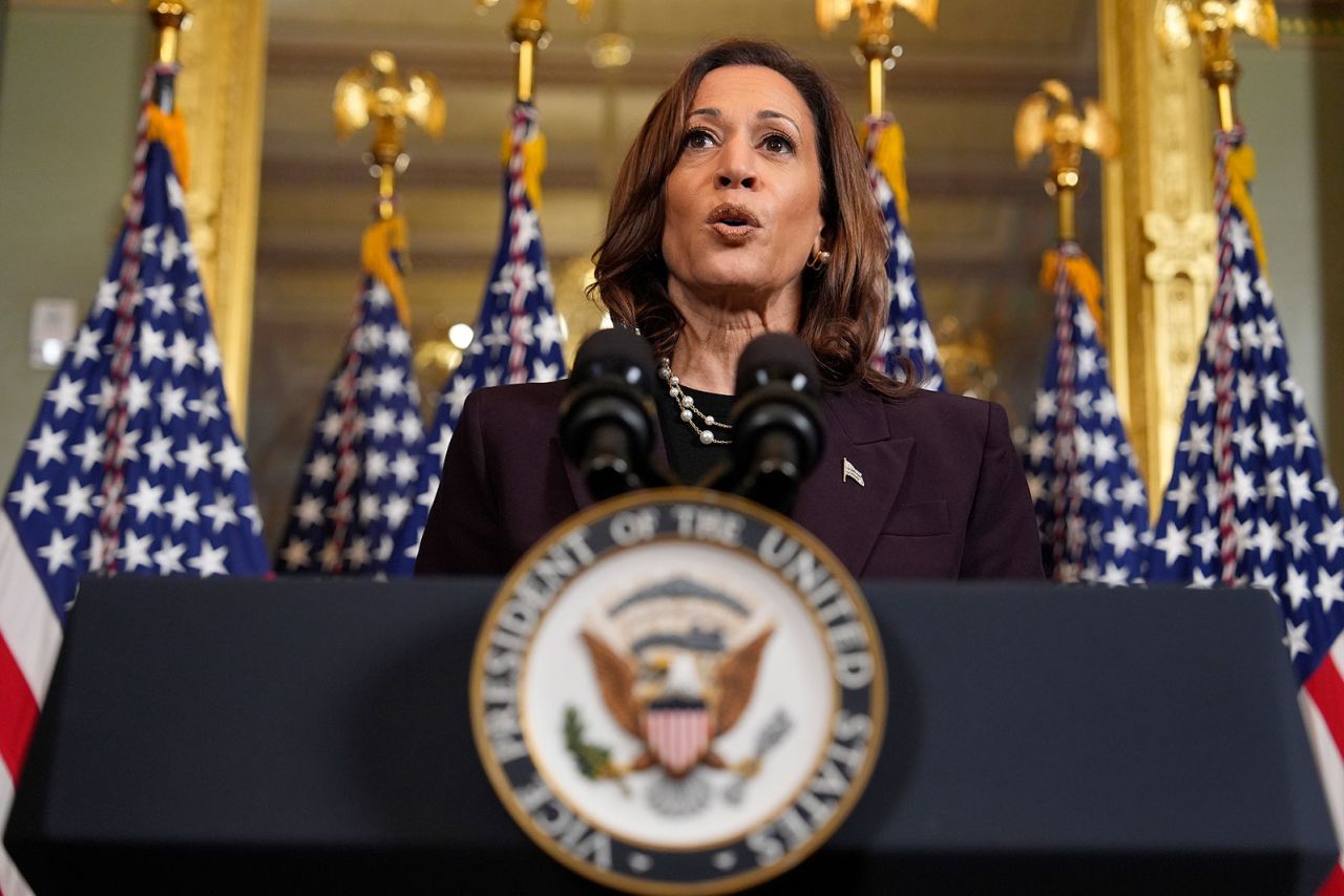 Vice President Kamala Harris delivers remarks after meeting with Israeli Prime Minister Benjamin Netanyahu on Thursday, July 25.