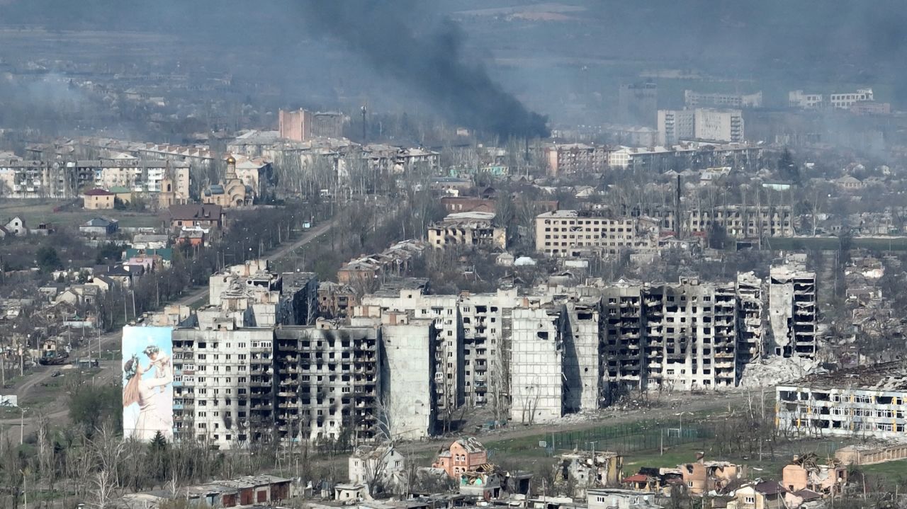 Smoke rises above the city of Bakhmut, Ukraine, in this drone footage obtained from a handout video released on April 15.