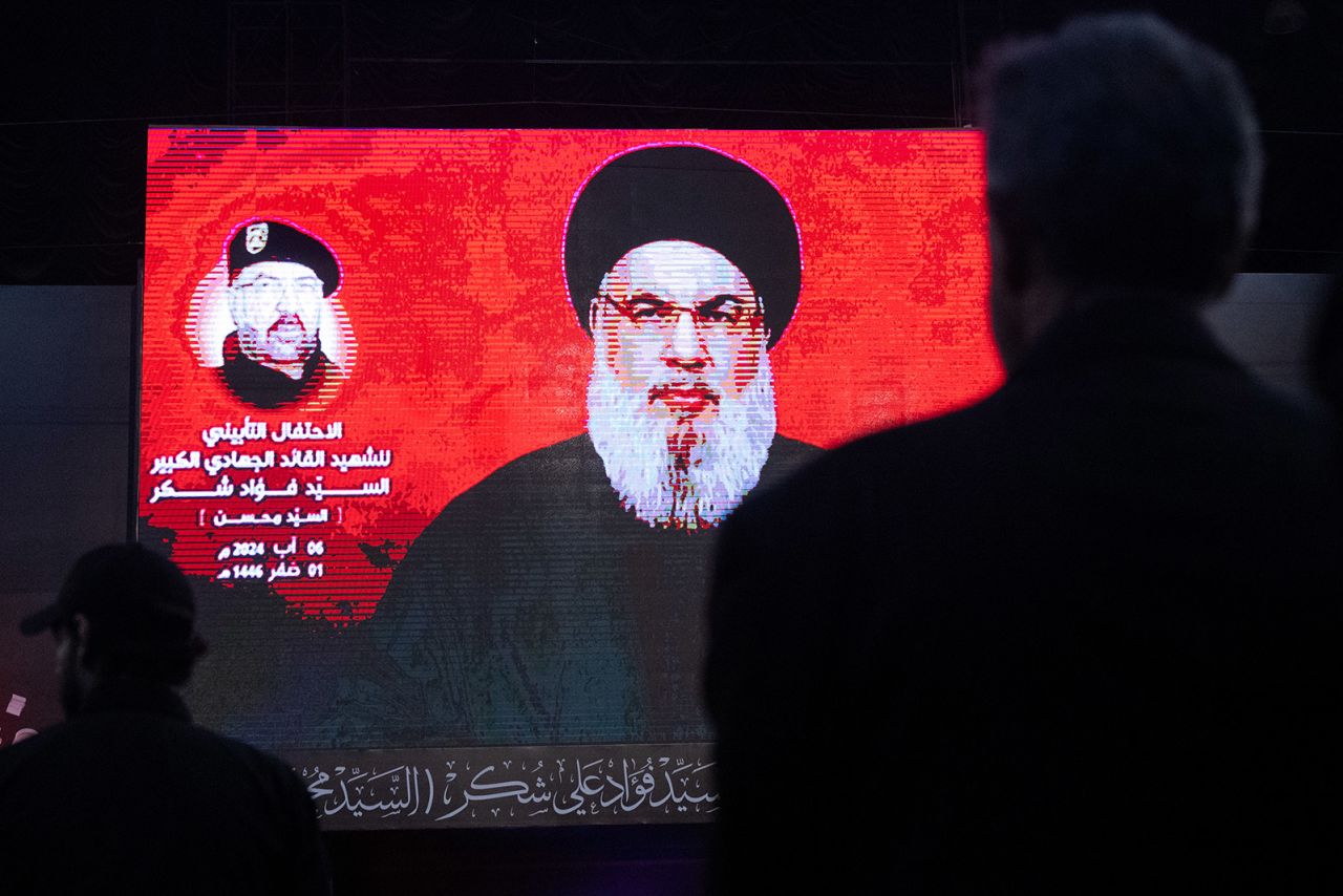 Hezbollah leader Hassan Nasrallah speaks to supporters via video link on August 6 in Beirut, Lebanon.