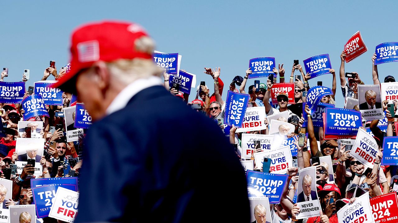 Republican presidential candidate and former President Donald Trump arrives to a rally in Chesapeake, Virginia, on June 28.