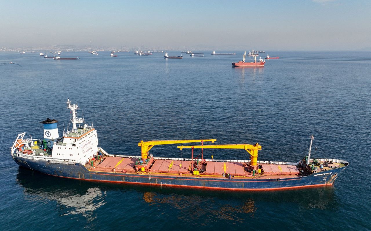 A cargo ship waits to pass through the Bosphorus Strait in Istanbul on October 31, 2022. 