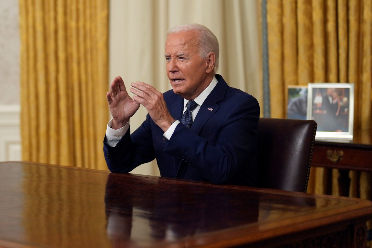 President Joe Biden addresses the nation from the Oval Office of the White House on Sunday. 