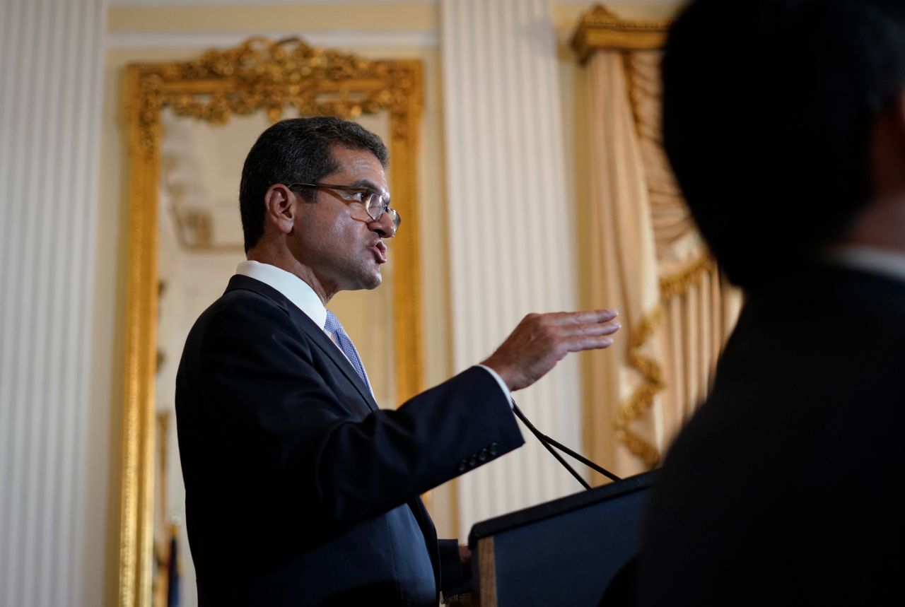 Pedro Pierluisi speaks during a press conference in San Juan, Puerto Rico, on August 2, 2019. 