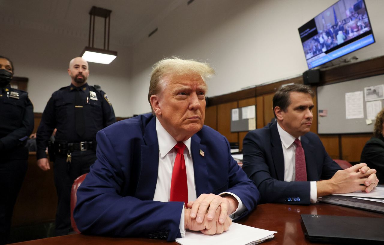 Former President Donald Trump sits in Manhattan Criminal Court in New York on Monday, May 6. 