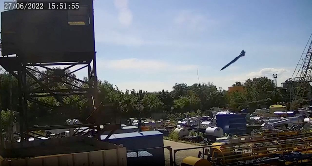 A Russian missile approaches a shopping?mall at a location given as Kremenchuk, Ukraine in this still image taken from handout CCTV footage released on June 28.