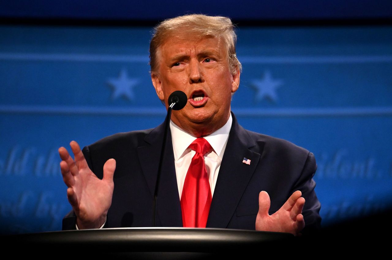 President Donald Trump gestures as he speaks during the final presidential debate at Belmont University in Nashville on Thursday.