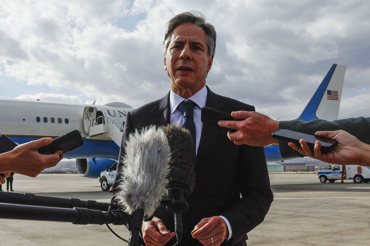 US Secretary of State Antony Blinken talks to the media at Ankara Esenboga Airport in Ankara, Turkey, after his meetings with his Turkish counterparts on November 6.