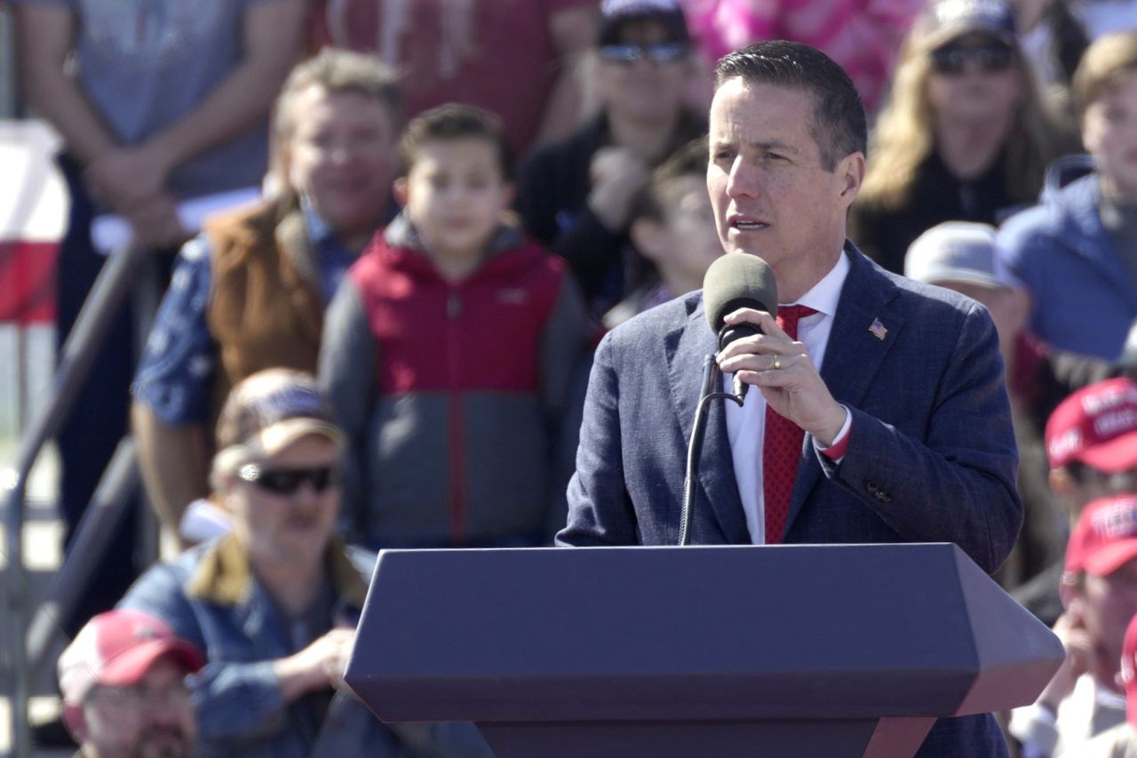 Republican businessman and Senate candidate Bernie Moreno speaks in Vandalia, Ohio, on March 16.