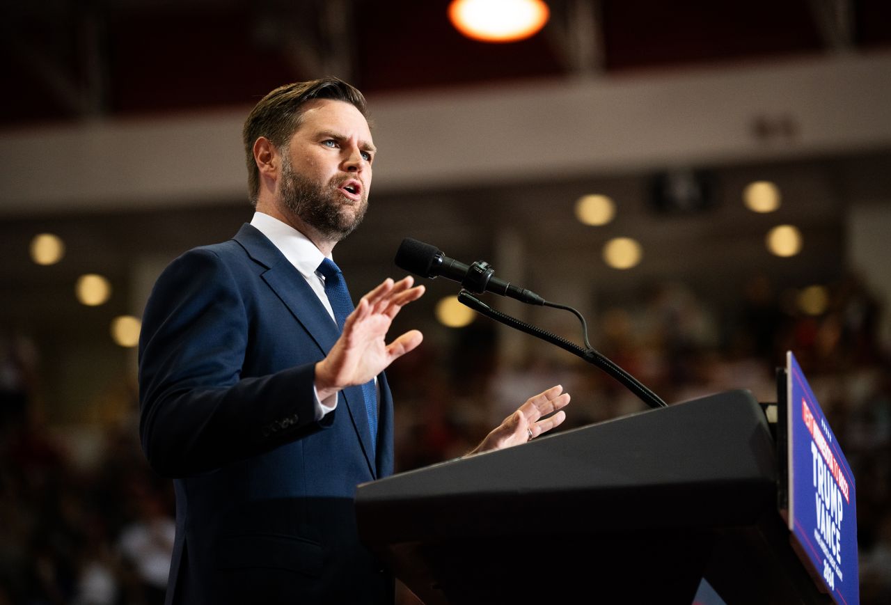 Republican vice presidential nominee US Sen. J.D. Vance speaks during a rally on July 27, in St Cloud, Minnesota.