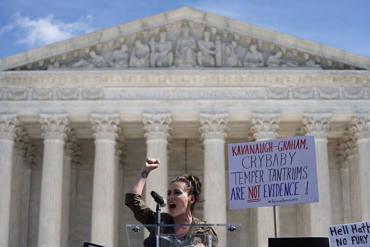 Actress Alyssa Milano speaks during a rally in front of the US Supreme Court on Sept. 28, 2018 in Washington, DC. 