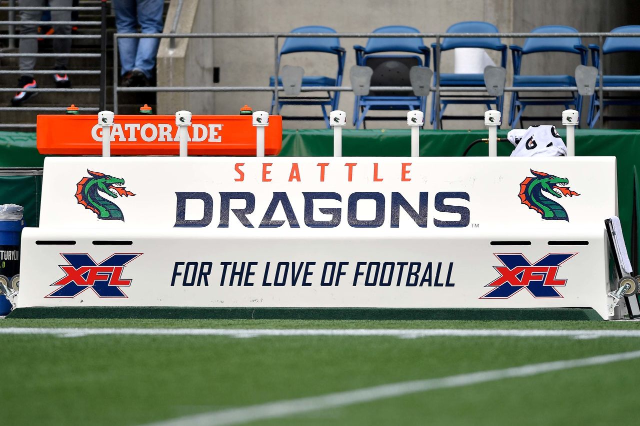 A general view of the Seattle Dragons team bench ahead of the game between the Seattle Dragons and the Dallas Renegades at CenturyLink Field in Seattle, Washington, on February 22.