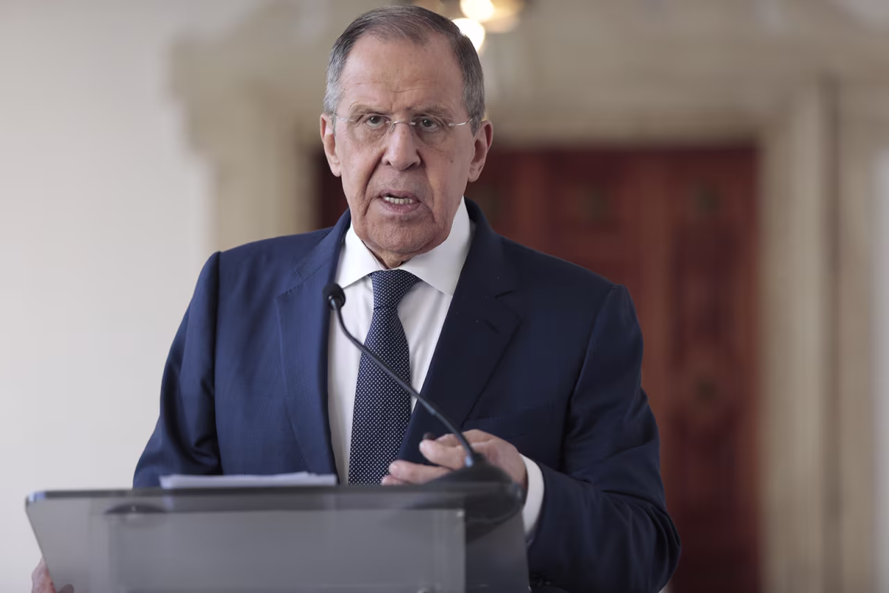 Sergei Lavrov speaks during a conference in Caracas, Venezuela, on April 18.