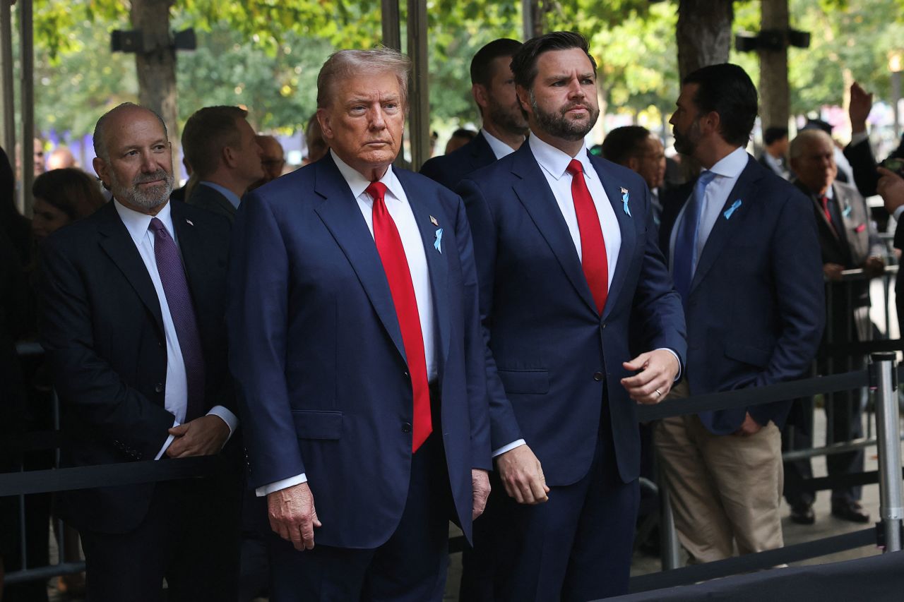 Former President Donald Trump and Sen. JD Vance arrive at a ceremony at the 9/11 Memorial and Museum in the Manhattan on Wednesday.