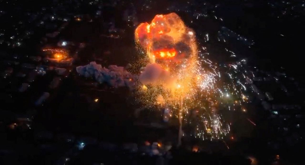 A frame from a video shared on social media Wednesday, July 5, shows an explosion in?Makiivka, Ukraine.