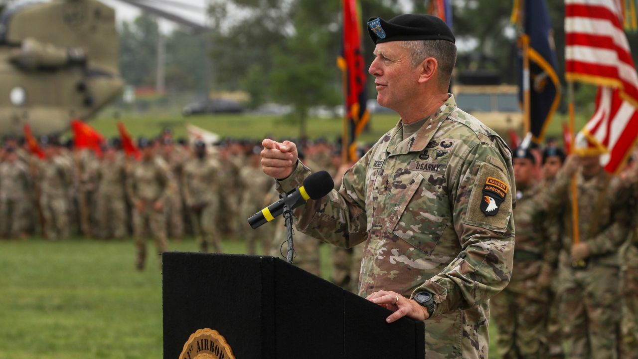 Then-Maj. Gen. Joe McGee, outgoing commander of the 101st Airborne Division (Air Assault), delivers remarks during the division Change of Command ceremony at Fort Campbell, Ky., July 20, 2023.