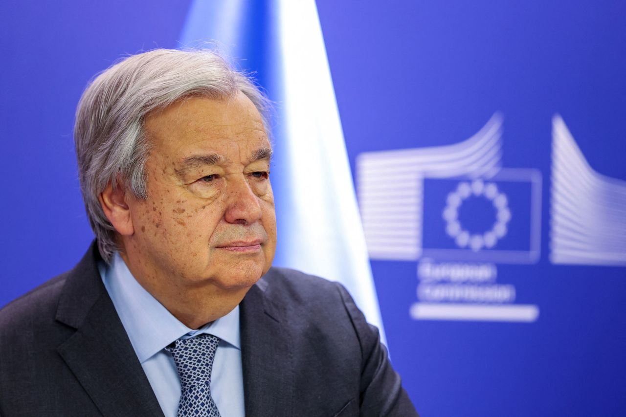 UN Secretary-General António Guterres speaks to the press in Brussels, Belgium, on March 20. 