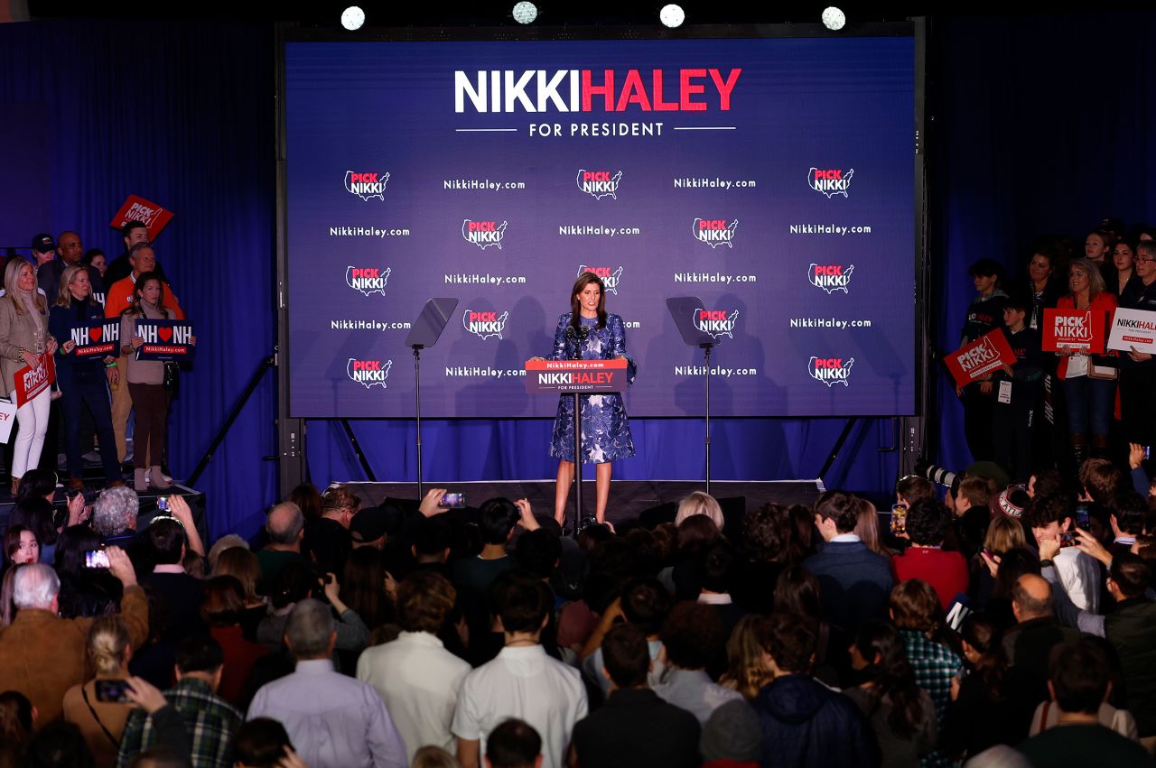 Haley delivers remarks at her primary night rally at the Grappone Conference Center on January 23 in Concord, New Hampshire. 