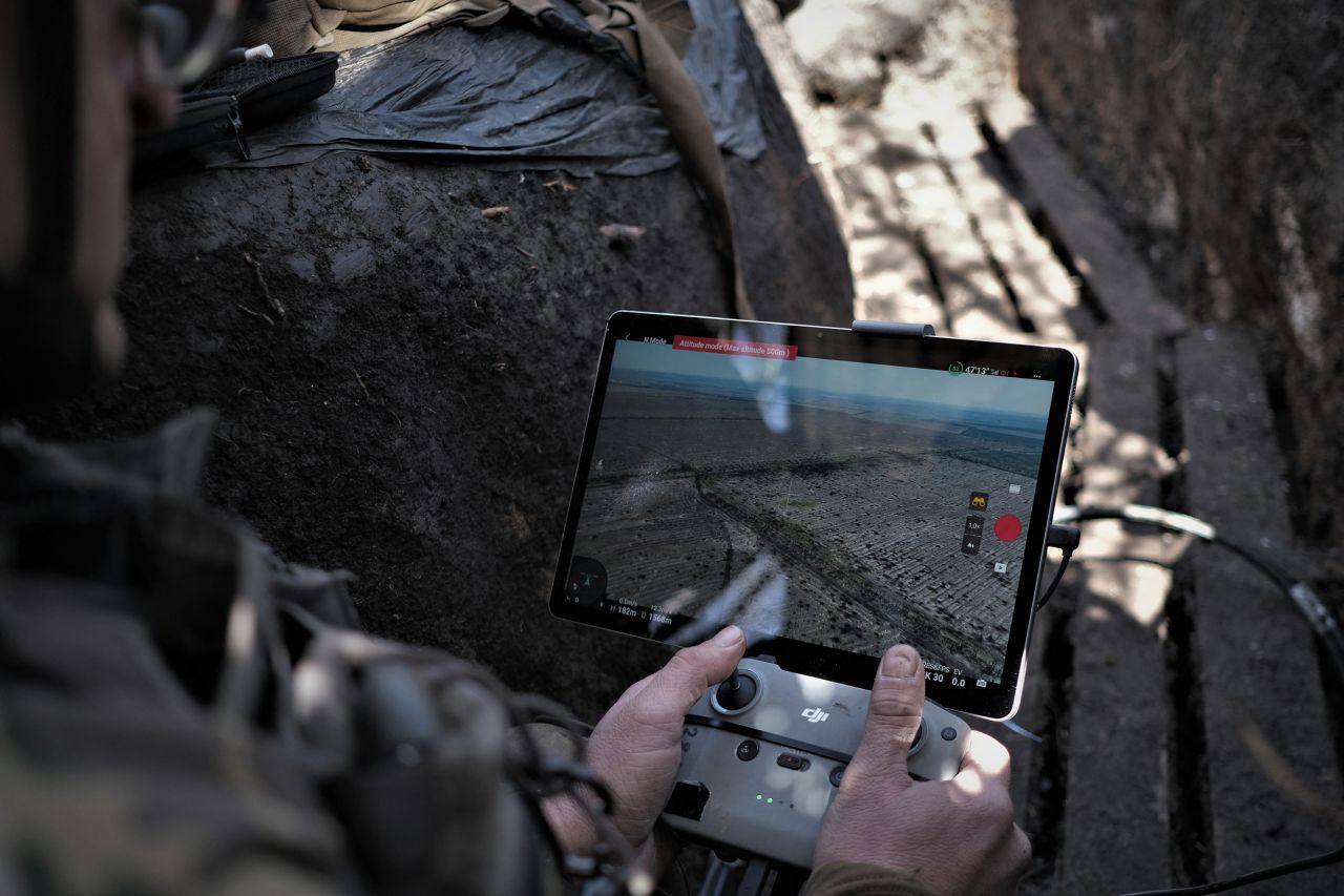 A Ukrainian serviceman operates a drone to spot Russian positions near the city of Bakhmut, on Sunday.