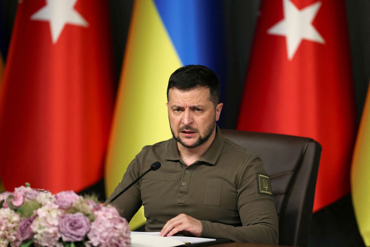 Ukrainian President Volodymyr Zelensky attends a press conference in Istanbul, Turkey, on July 8.