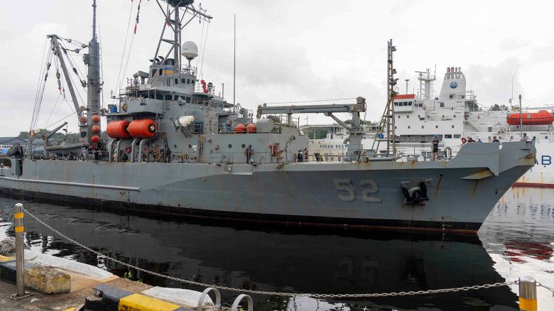 The Safeguard-class rescue and salvage ship USNS Salvor prepares to moor pier side at Sembawang Naval Instillation during a regularly scheduled port visit to Singapore on August 3, 2023.