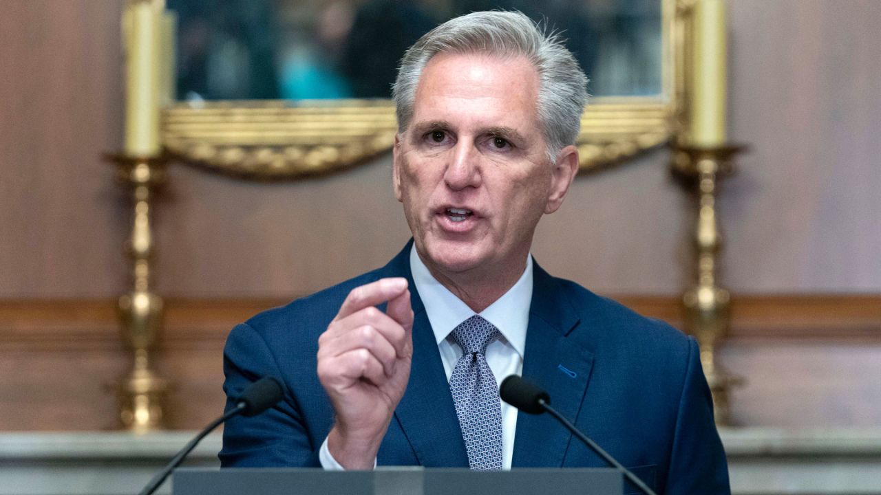 Former House Speaker Kevin McCarthy holds a news conference on Monday.