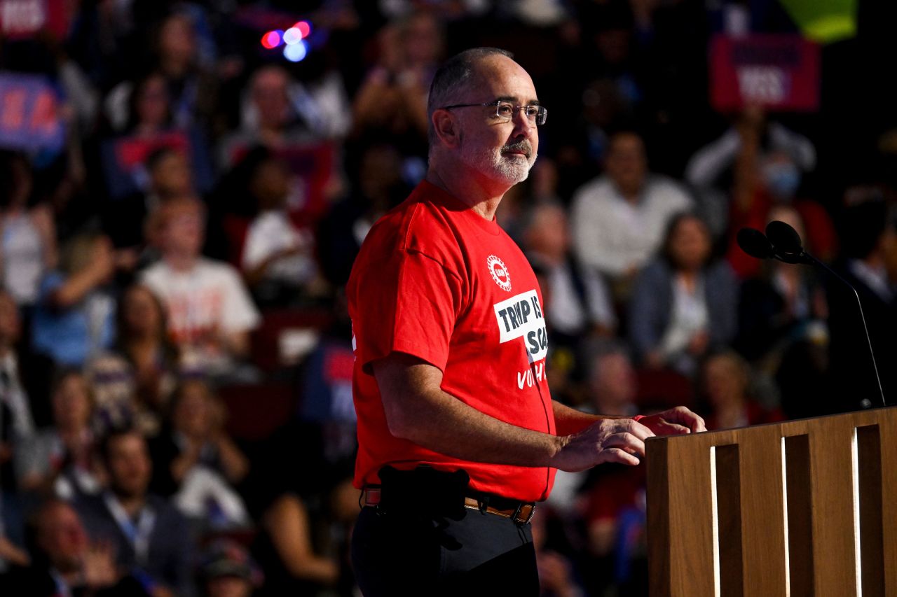 United Auto Workers President Shawn Fain speaks at the Democratic National Convention in Chicago on August 19. 