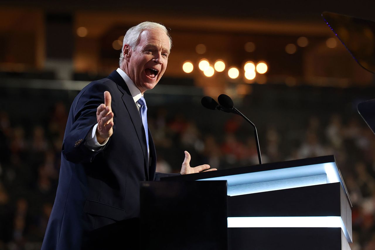 Sen. Ron Johnson speaks on stage during the Republican National Convention on Monday, July 15.