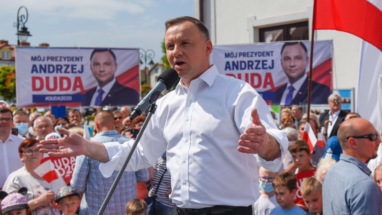 Polish President Andrzej Duda delivers a speech for locals and supporters during a presidential campaign ahead of the rescheduled Presidential Elections on June 17 in Serock, Poland. 