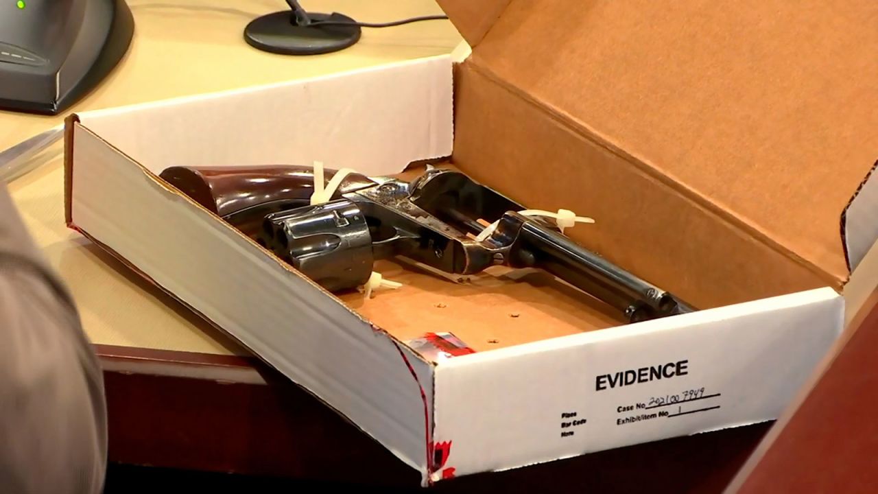 The gun involved in the fatal shooting on the “Rust” set in 2021 is seen during the testimony of gun manufacturer Alessandro Pietta on Thursday, July 11. 