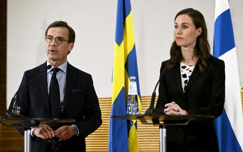 Prime Minister of Sweden Ulf Kristersson, left, and Prime Minister of Finland Sanna Marin attend a news conference after the meeting of prime ministers and heads of government during The 74th Ordinary Session of the Nordic Council in Helsinki, Finland, on November 1.