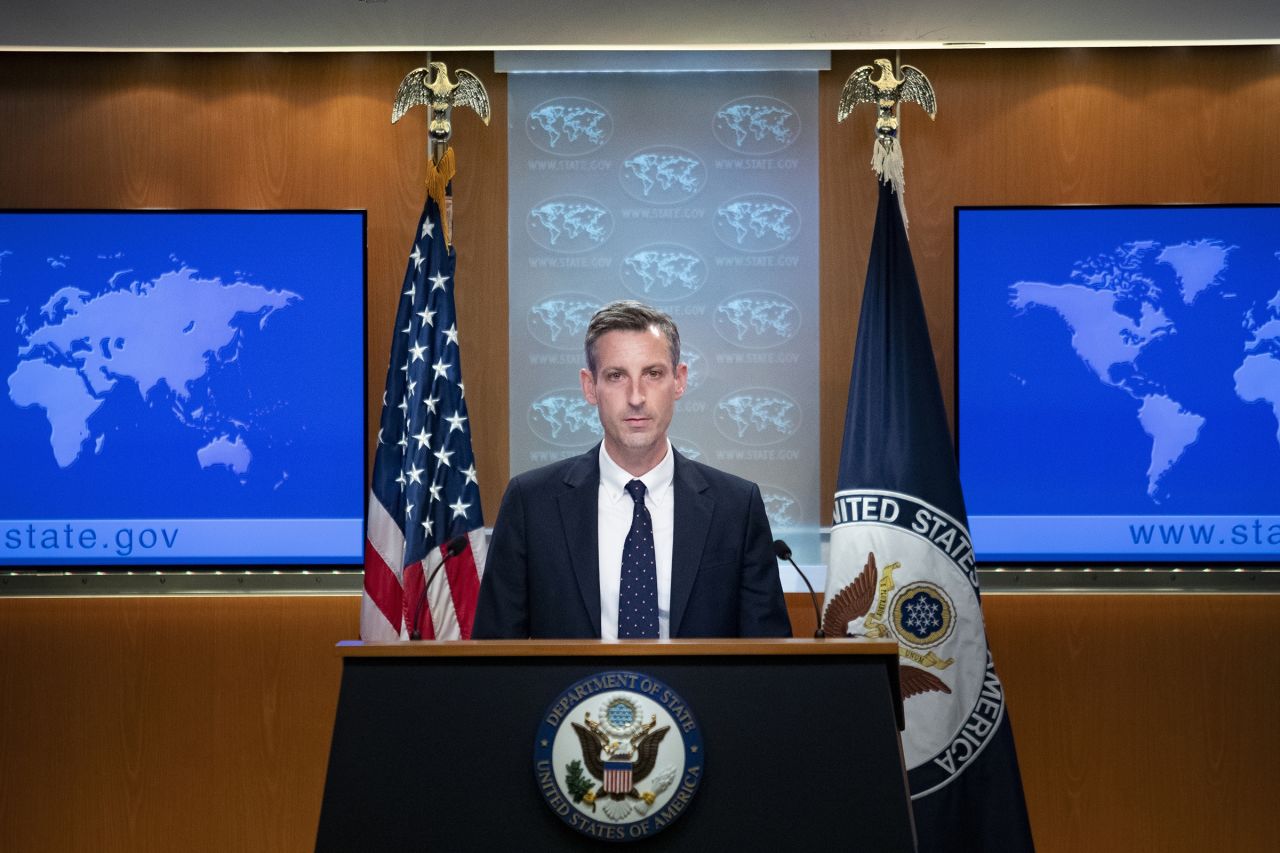 U.S. State Department spokesperson Ned Price speaks during a news conference at the State Department in Washington on Wednesday, February 23, 2022. 