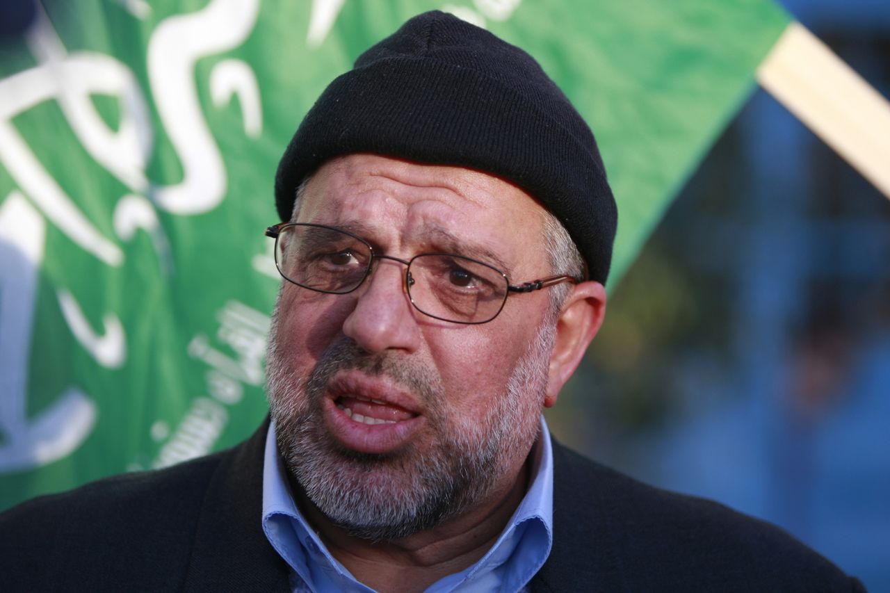 Hassan Yousef, leader of the Hamas Islamist movement in the West Bank, speaks to the media after he was released from Israeli prison, in the West Bank city of Ramallah on January 19, 2014.