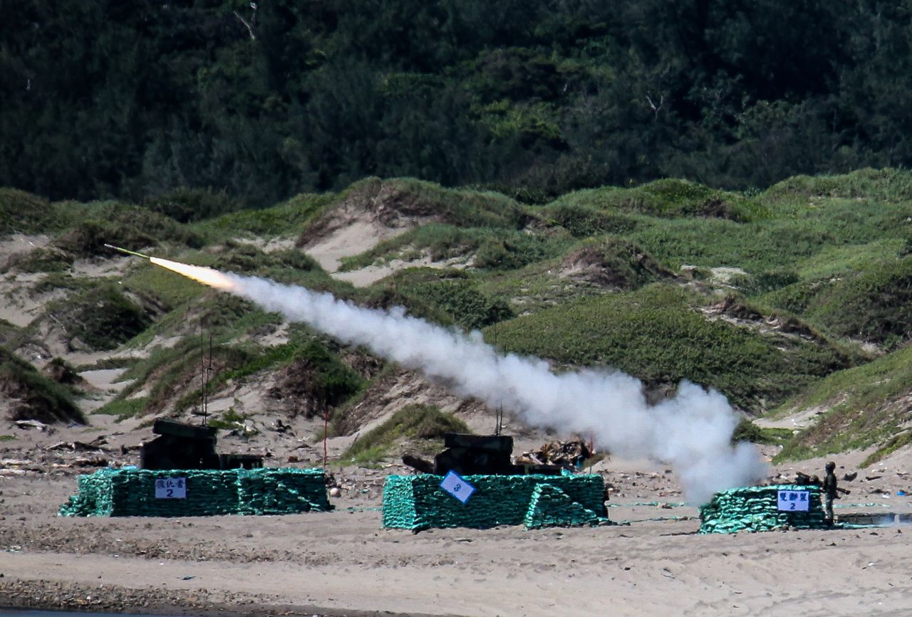 Taiwanese military fire a US-made Stinger missile during a live-fire military exercise in Pingtung County, Taiwan, on July 4.