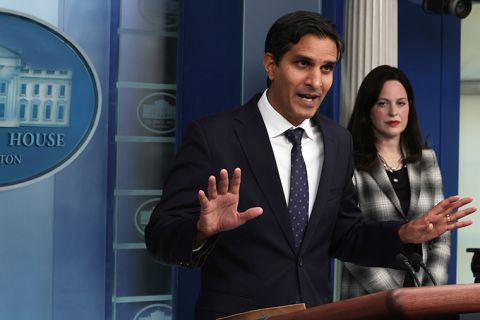 Deputy National Security Advisor for international economics and Deputy Director of the National Economic Council Daleep Singh, left, speaks as Deputy National Security Advisor for Cyber & Emerging Tech Anne Neuberger listens during a White House daily briefing on Friday, February 18.