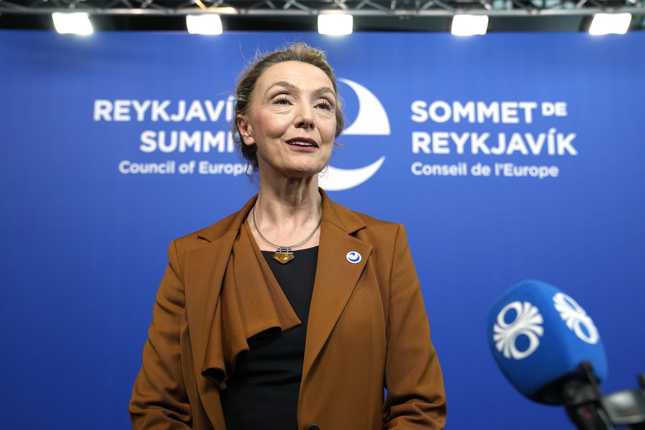 Council of Europe Secretary General Marija Pejcinovic Buric speaks with the media at the Council of Europe summit in Reykjavik, Iceland, on May 17.