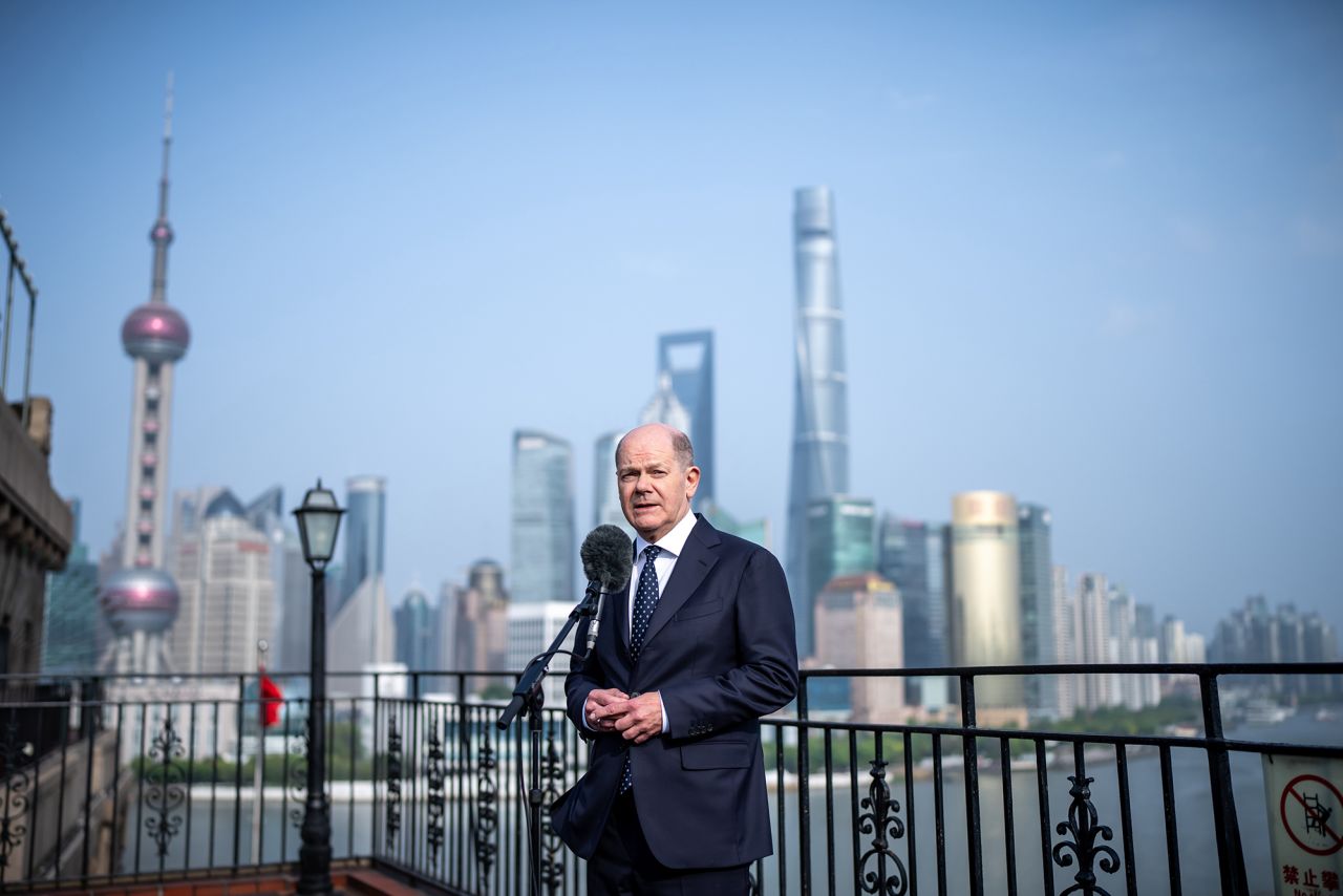 German Chancellor Olaf Scholz speaks to the press in Shanghai, China, on April 15.