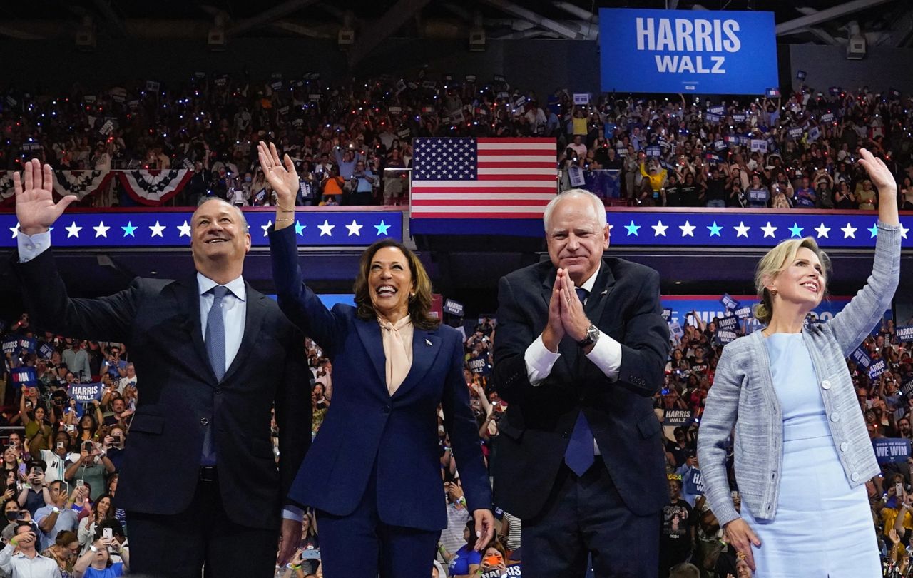 Minnesota first lady Gwen Walz, right, joins her husband Minnesota Gov. Tim Walz, Vice President Kamala Harris and Second Gentleman Doug Emhoff during a rally in Pennsylvania on August 6. 