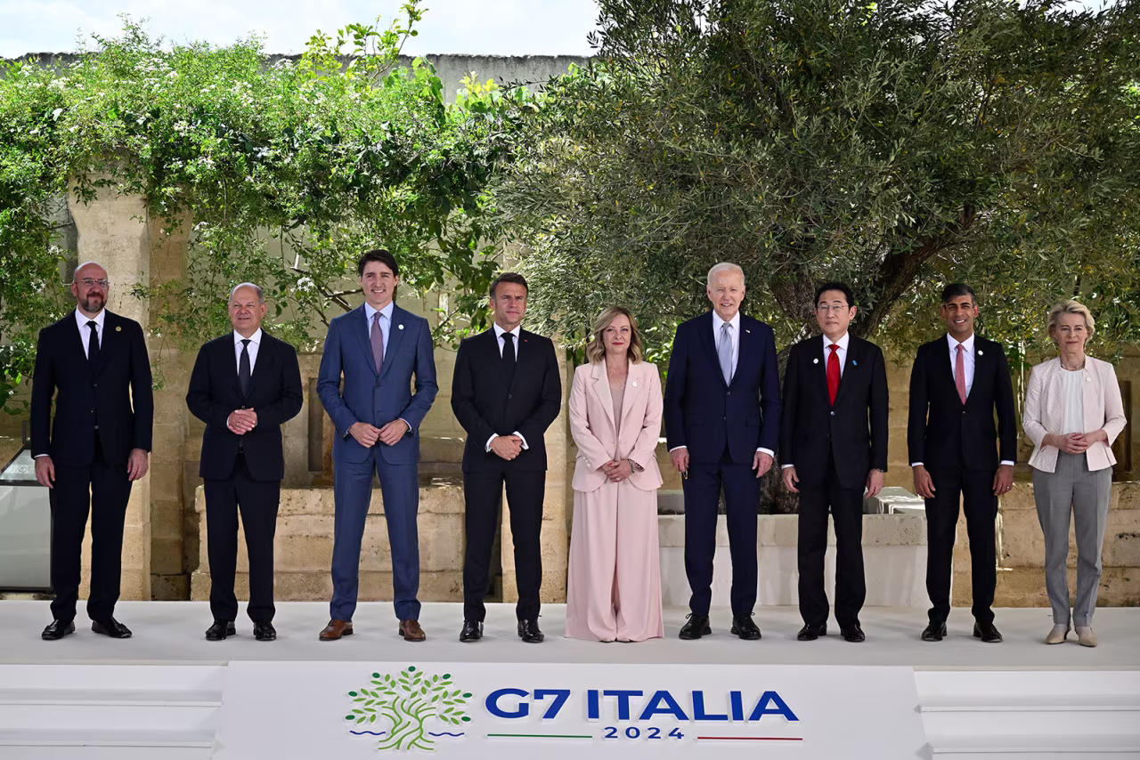 From left to right, European Council President Charles Michel, German Chancellor Olaf Scholz, Canadian Prime Minister Justin Trudeau, French President Emmanuel Macron, Italian Prime Minister Giorgia Meloni, U.S. President Joe Biden, Japanese Prime Minister Fumio Kishida, British Prime Minister Rishi Sunak and European Commission President Ursula von der Leyen pose for a photo during a welcome ceremony at the G7 summit.